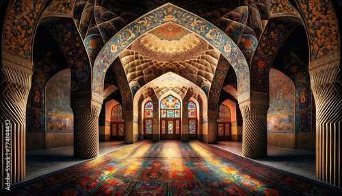 The interior of a grand hall within a Persian palace. The hall is adorned with an elaborate mosaic of vibrant tiles photo