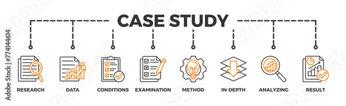 Case study banner web icon illustration concept with icon of research, data, conditions, examination, method, in-depth, analyzing, and result