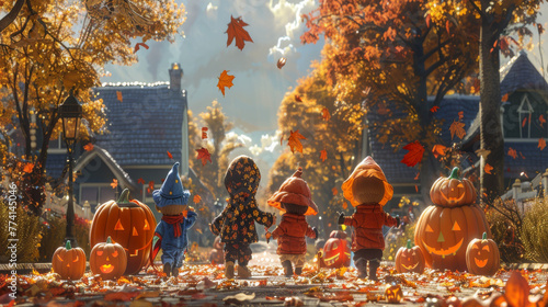 Children in Halloween costumes walking down a leaf-strewn path with pumpkin decorations 