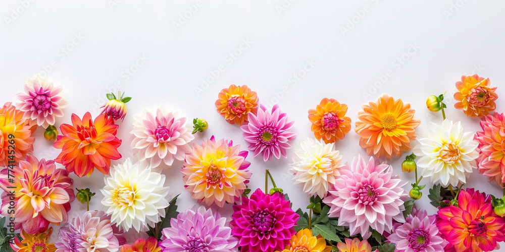 A photo of colorful dahlias creating a bright and cheerful setting for children's art or greeting cards. A photo of colorful dahlias creating a bright and cheerful setting for children's art or greeting cards.