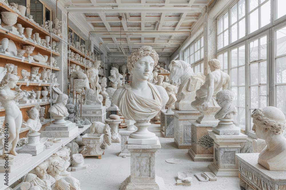 
Una gran sala utilizada como laboratorio de artistas, llena de esculturas: columnas de mármol, bustos, grandes animales - obrazy, fototapety, plakaty 