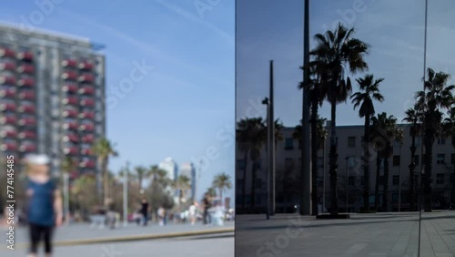 people on barcelona beach reflected in mirror photo
