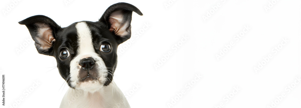Adorable french bulldog puppy peeking over the edge with a curious expression on a white background.
Adorable french bulldog puppy peeking over the edge with a curious expression on a white background.