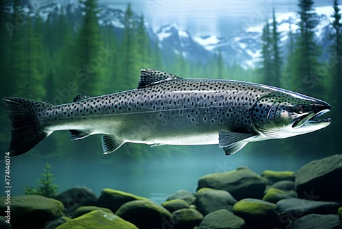 Closeup view of freshwater salmon swimming in clear mountain river, nature conservation concept