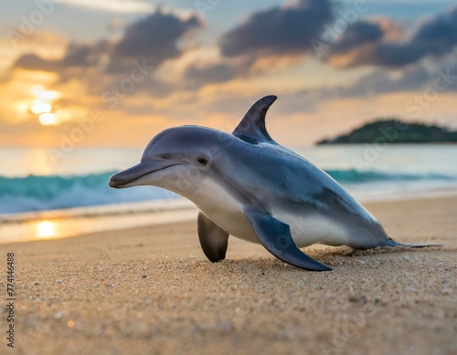 baleia golfinho bonito do bebê sentado na praia de areia ao pôr do sol photo