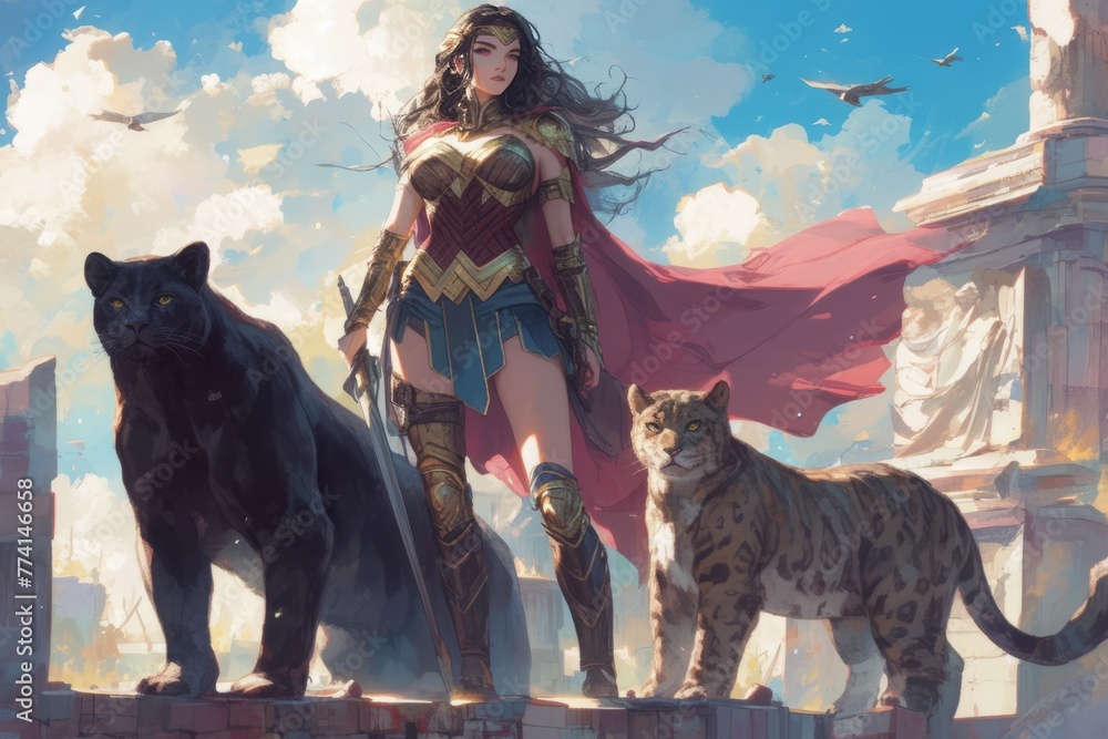 Guardians of the Wild: Female Superhero Stands Tall Amid Ruins with Fierce Wild Cats, generative ai