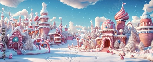 Winter wonderland depicted in a with colorful cartoon amusement park and candy land augmented by dazzling starburst effects, Generative AI 