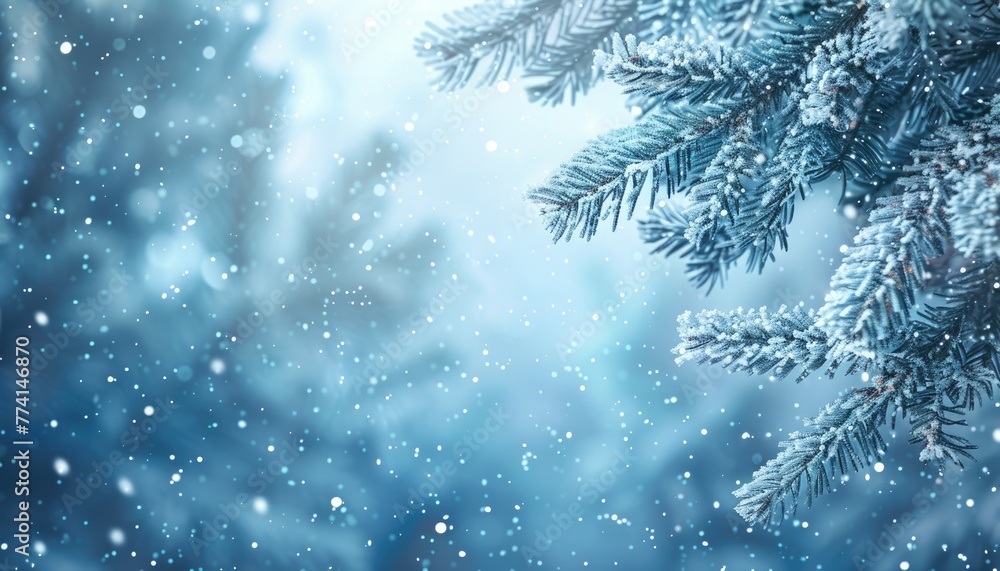 A snow covered tree branch with snowflakes falling on it by AI generated image