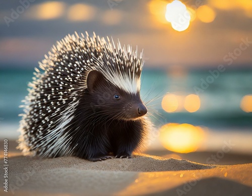 porco espinho bonito do bebê sentado na praia de areia ao pôr do sol