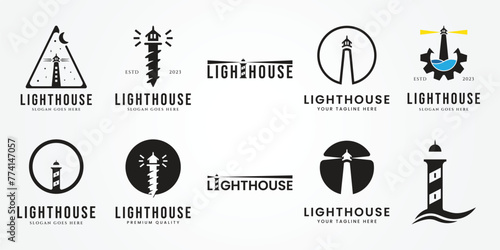 set bundle lighthouse symbol logo icon black vintage vector illustration template background design
