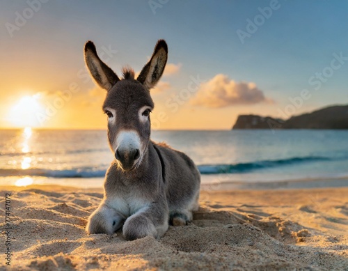 asno bonito do bebê sentado na praia de areia ao pôr do sol photo