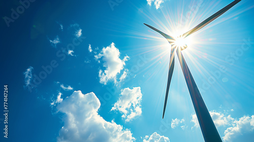 Close up of wind turbine on blue sky background with shining sun. Windmill turbine over blue sky. Seen from below, Ai generated