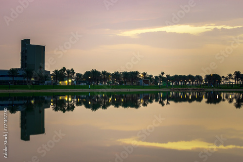 Beautiful sunrise in Modon Lake, Dammam, Saudi Arabia. photo