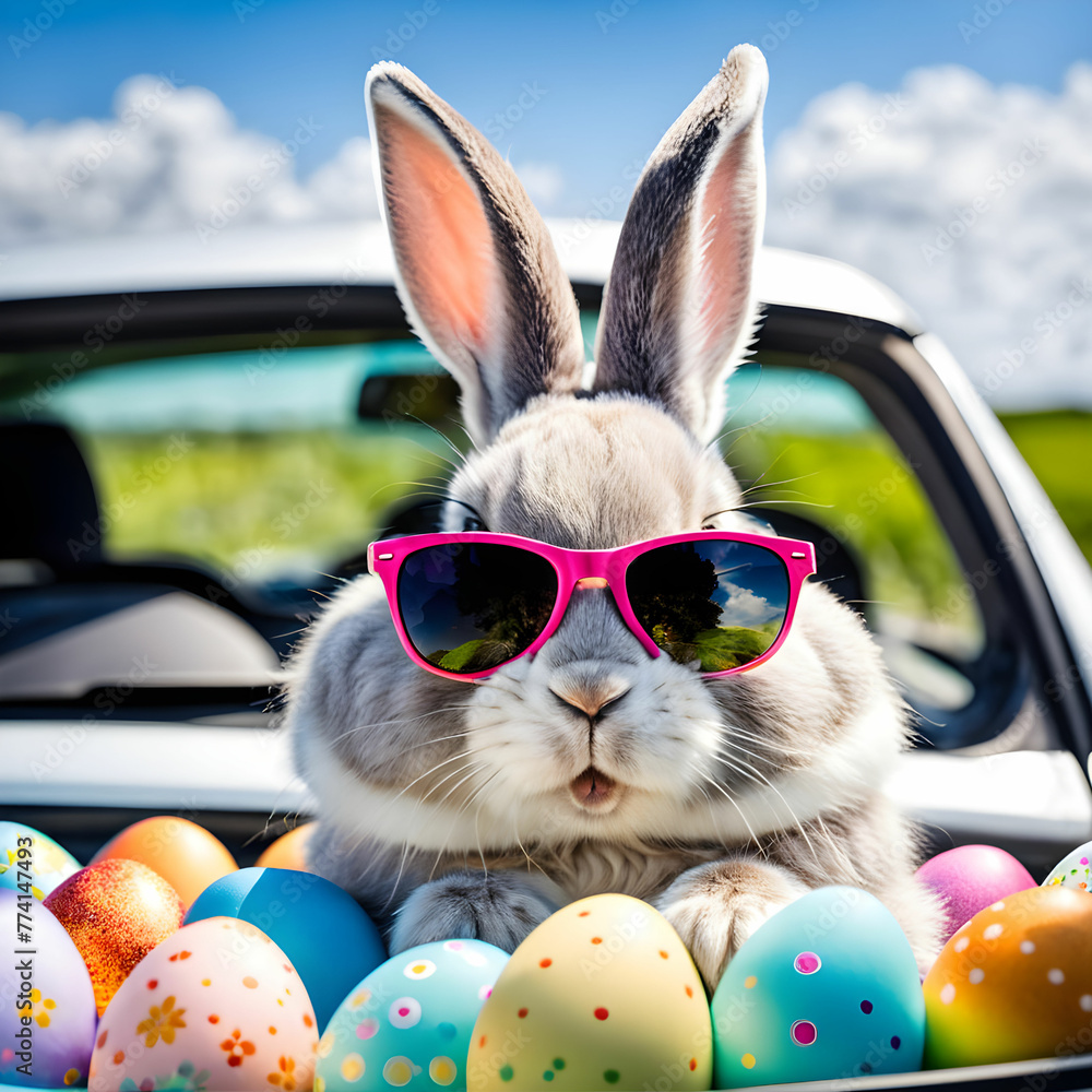 Cute Easter Bunny with sunglasses looking out of a car filed with easter eggs, Generative AI
