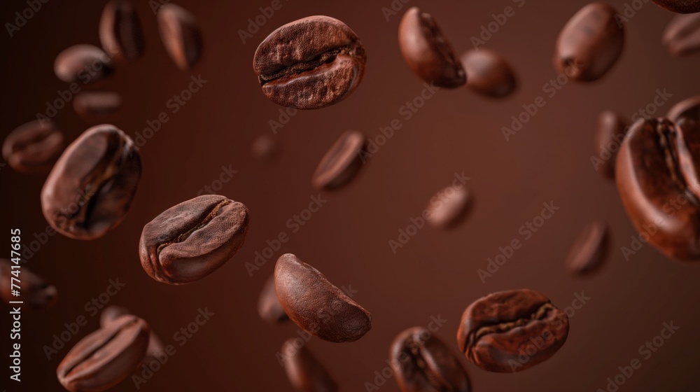 Roasted coffee beans flying in the air over brown background. Roasted coffee beans flying in the air over brown background.