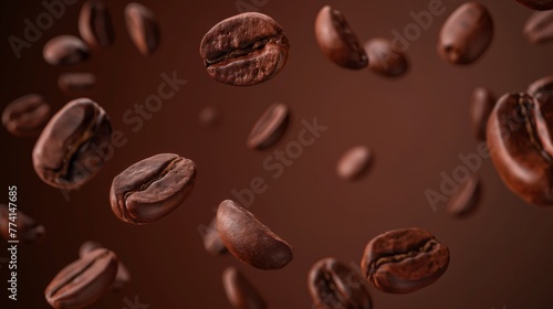 Roasted coffee beans flying in the air over brown background.