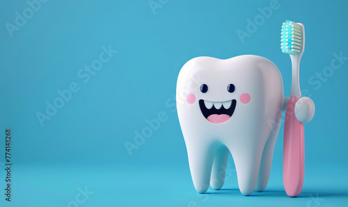 A happy tooth holding a toothbrush, space for copy