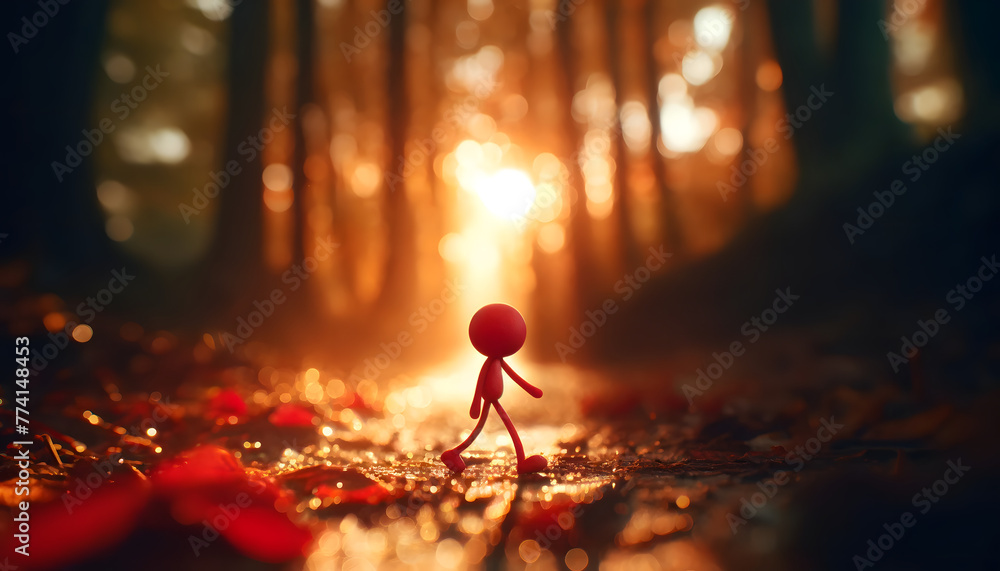 A whimsical red stick figure standing in the center of the frame. The