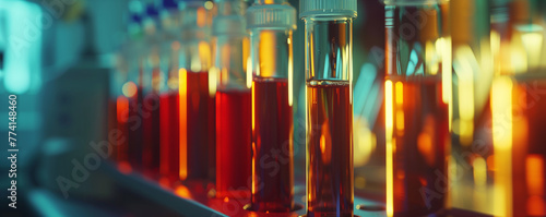 Test tubes with red liquid in a laboratory setting.