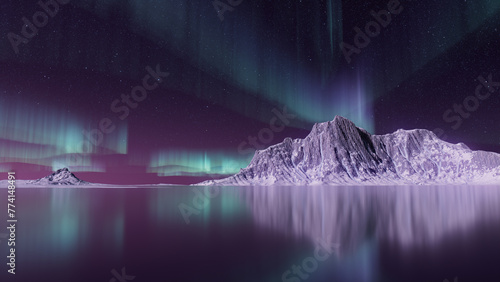 Majestic Sky with Aurora and Stars. Purple Northern Lights Background with copy-space. photo