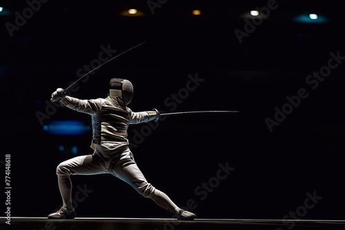 Saber fencer with swords stands in a rack on a platform at a show performance.