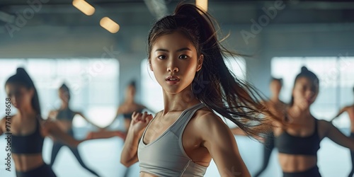 Asian girl executing contemporary dance in a fitness studio alongside fellow dancers, Generative AI 