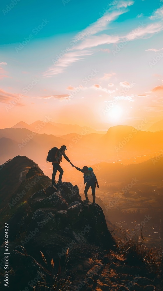 Fototapeta premium Amidst the golden hour glow, two hikers extend hands in assistance, epitomizing teamwork on a rugged mountain summit.