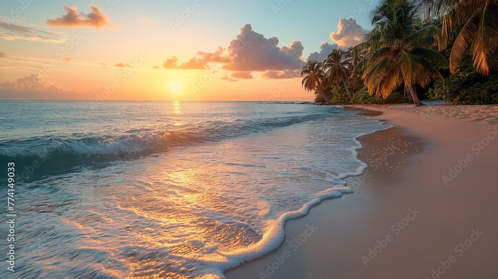 Idyllic tropical beach at golden sunset - obrazy, fototapety, plakaty 