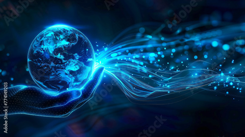 artificial intelligence concept, of a human hold digital blue glow earth, with connect waves data flow, earth, planet, black background, generative ai