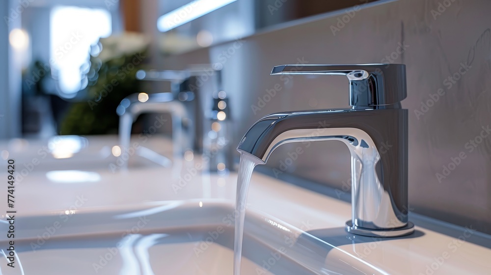 Elegant, modern 3-hole basin taps in a minimalist bathroom setup, a close-up highlighting the intersection of quality and modernity Elegant, modern 3-hole basin taps in a minimalist bathroom setup, a close-up highlighting the intersection of quality and modernity