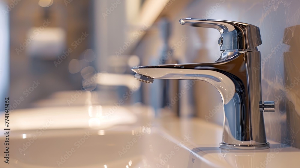 Elegant, close-up shot of a modern faucet in a luxury bathroom, emphasizing high quality and inspired ideas for contemporary living Elegant, close-up shot of a modern faucet in a luxury bathroom, emphasizing high quality and inspired ideas for contemporary living
