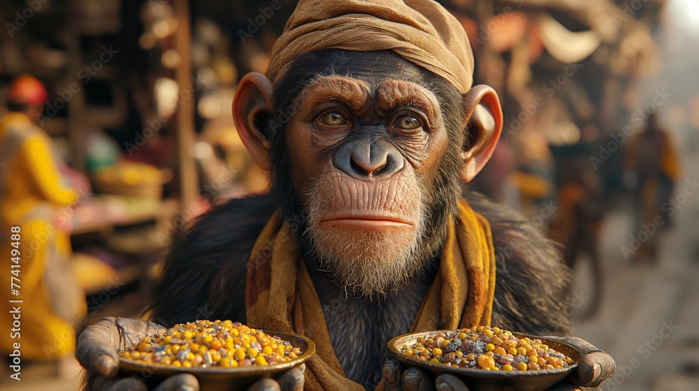 Chimpanzee enjoying a delicious meal - obrazy, fototapety, plakaty 