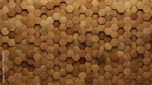 Wood, Hexagonal Wall background with tiles. Soft sheen, tile Wallpaper with 3D, Timber blocks. 3D Render photo