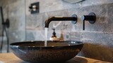 Close-up of a high-quality, wall-mounted black faucet in an inspired bathroom setting, showcasing sleek design and ideal water flow