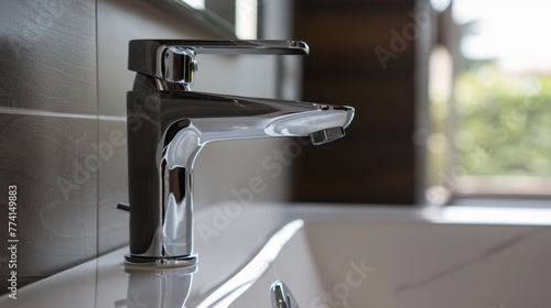 Close-up of a high-quality  tall black basin mixer tap in a sleek bathroom  embodying the pinnacle of inspired design and functionality