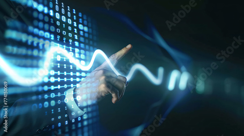 Business technology concept, hands of businessman touching blue glow financial graph increase the sales, with connect digital data, generative ai