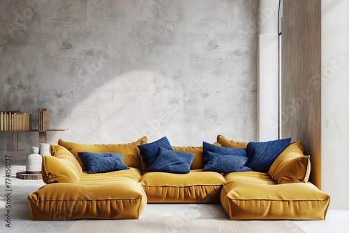 A yellow sofa with blue pillows in front of a grey wall