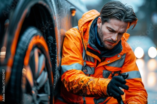 A portrait of an auto mechanic in orange work , he is repairing the front wheel on his car with tools and foam gloves