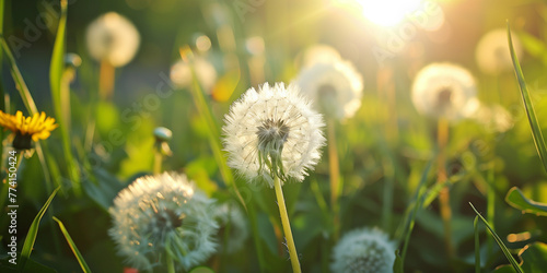 Sunlit dandelion field with soft focus background