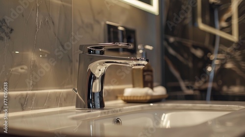 An inspired bathroom setting with a close-up on a luxurious black sink faucet  highlighting its ideal  high-tech sensor operation