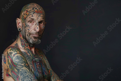 Hombre de mediana edad alternativo con tatuajes por todo el cuerpo y la cara