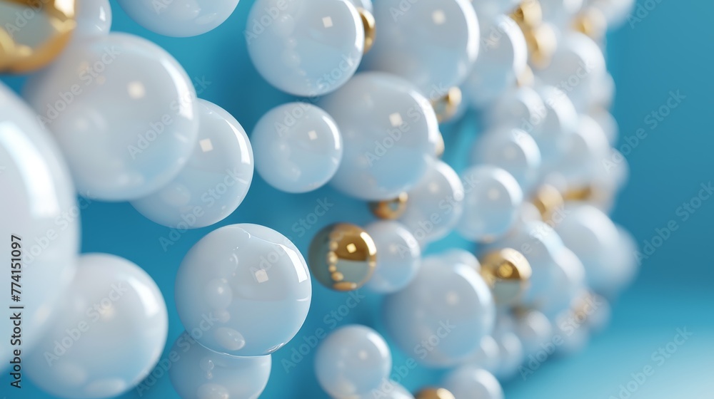 Render of a 3D wall of many balls isolated on a blue background. Gold element. One of a kind, exceptional concept. Matrix of geometric primitive shapes. Modern design. Clean look. Render of a 3D wall of many balls isolated on a blue background. Gold element. One of a kind, exceptional concept. Matrix of geometric primitive shapes. Modern design. Clean look.