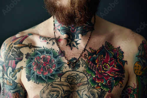 Hombre de mediana edad alternativo con tatuajes por todo el cuerpo y la cara photo