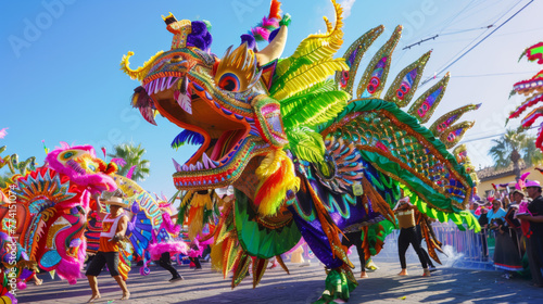 A photo of an elaborate carnival float , decorated with colorful patterns and motifs that represent Mexican art and culture, adorned with peacock feathers and a giant dragon head made from fabric.