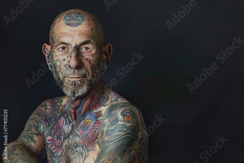 Hombre de mediana edad alternativo con tatuajes por todo el cuerpo y la cara