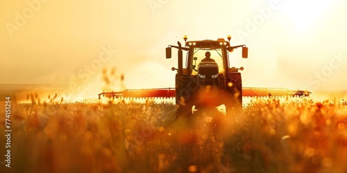 A tractor in a field demonstrating modern agricultural practices by spraying pesticides or attacking pests. Concept Modern Agriculture, Pesticide Spraying, Pest Control, Tractor in Field