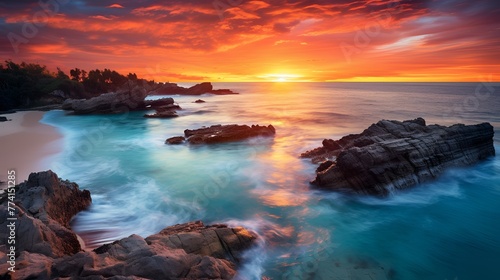 Amazing sunset over the ocean with beautiful rock formations in