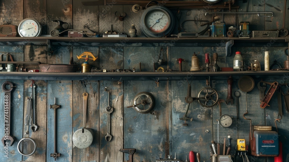 Vintage garage with hanging shelves displaying a collection of antique tools and curiosities, a close-up on innovative storage solutions