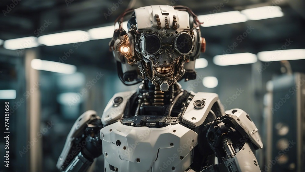 robot in action cyborg with flesh falling off revealing robot parts, A brave and daring engineer with a helmet robot in action cyborg with flesh falling off revealing robot parts, A brave and daring engineer with a helmet