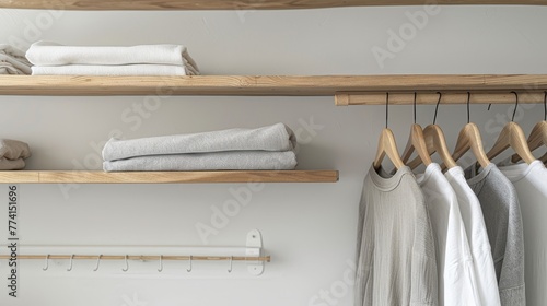 Minimalist hanging shelves in a laundry shop, close-up on sleek shelf rack designs that inspire functional elegance and simplicity
